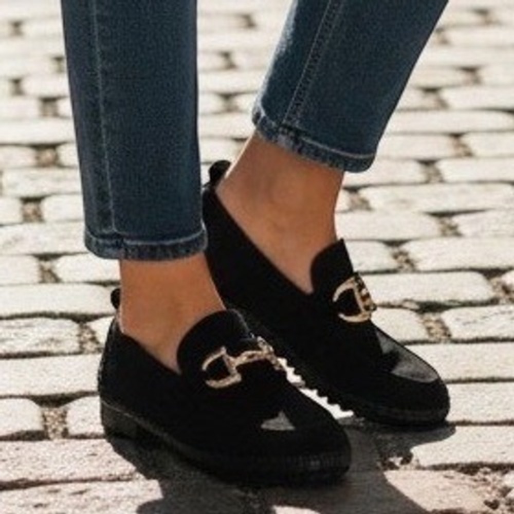 Ilse‎ Jacobsen Black Suede Gold Link Loafers Quiet Luxury Old Money Preppy 41